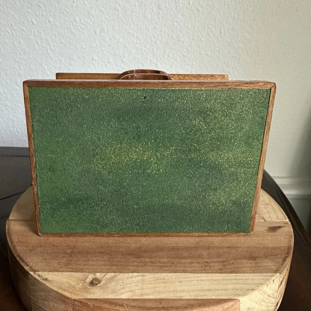 Vintage Wooden Jewelry Box 7x5x5 Inch Chest Checkered Inlay Drawers Green Lined